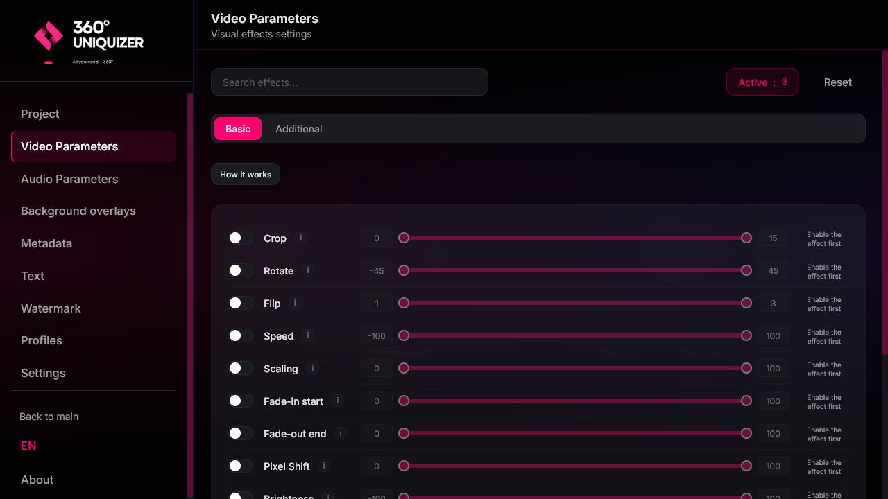 Актуальный интерфейс 360° Uniquizer: видеоэффекты, кадрирование, цвет, шум и геометрия