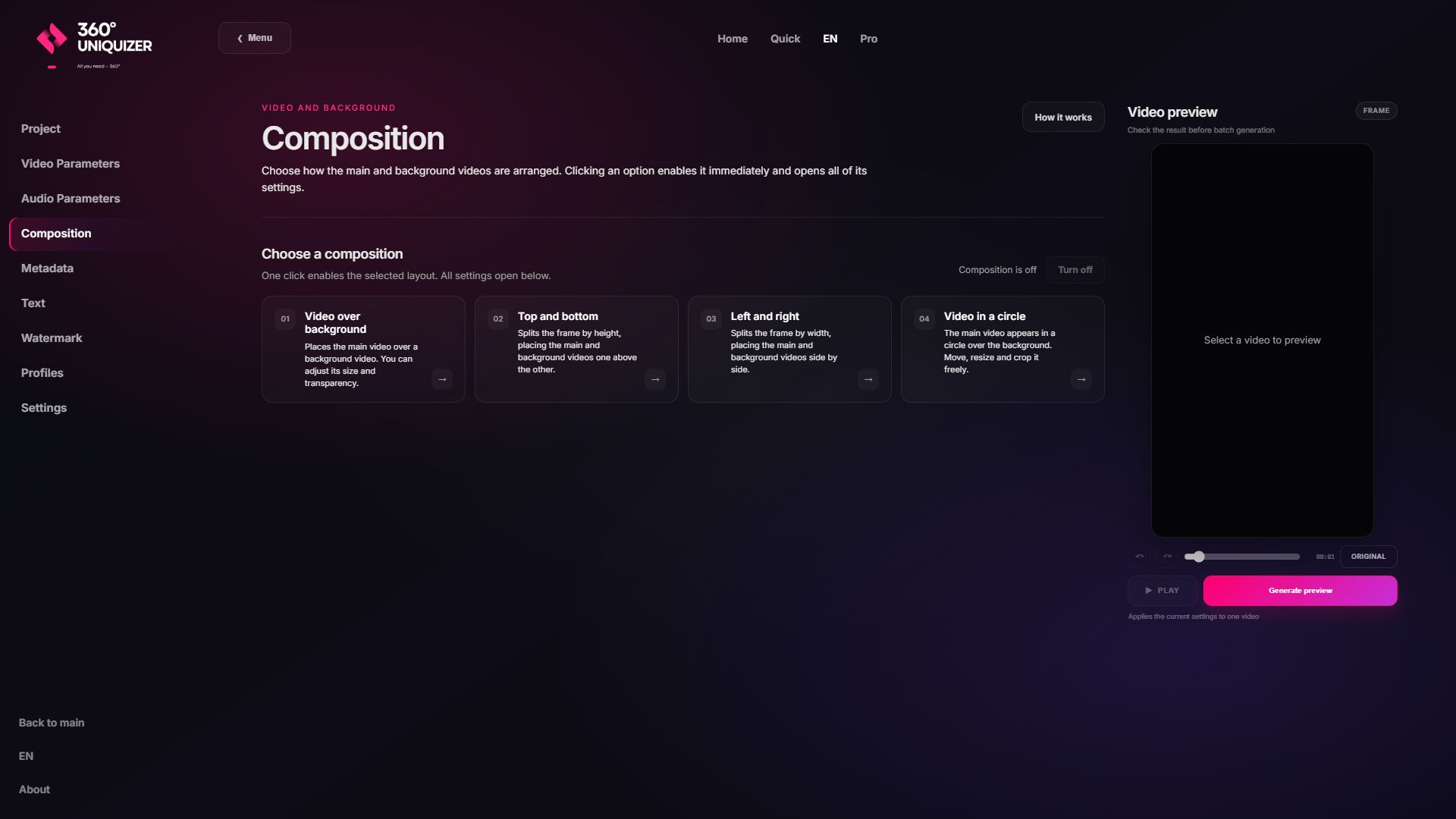 Composición con fondos, pantalla dividida y el nuevo modo circular.