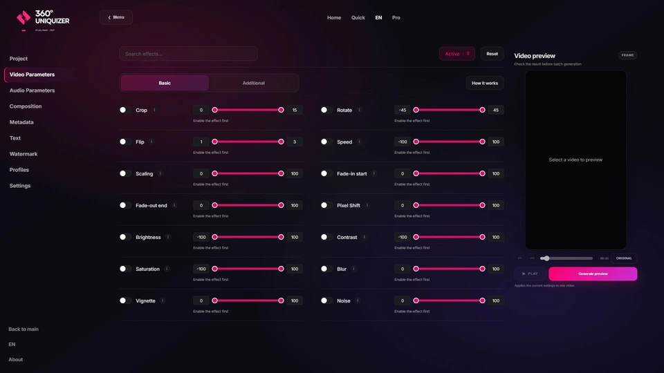 Актуальный интерфейс 360° Uniquizer: видеоэффекты, кадрирование, цвет, шум и геометрия