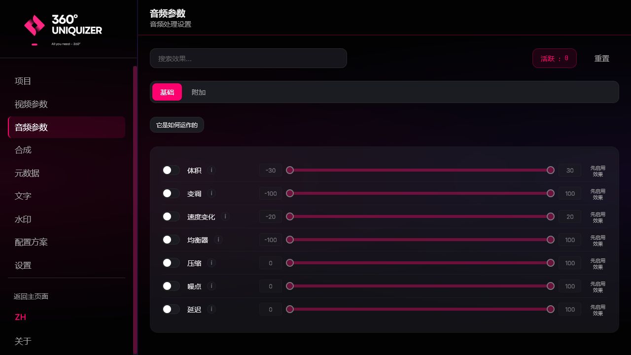 Актуальный интерфейс 360° Uniquizer: аудиоэффекты и обработка звука