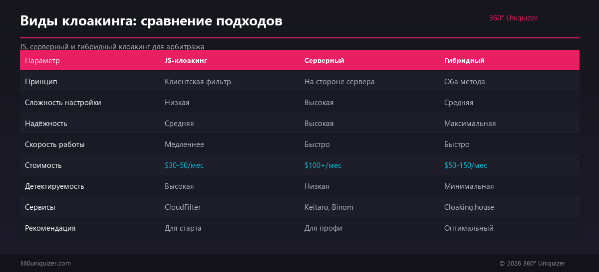 Виды клоакинга: JS vs серверный vs гибридный — сравнение для арбитража